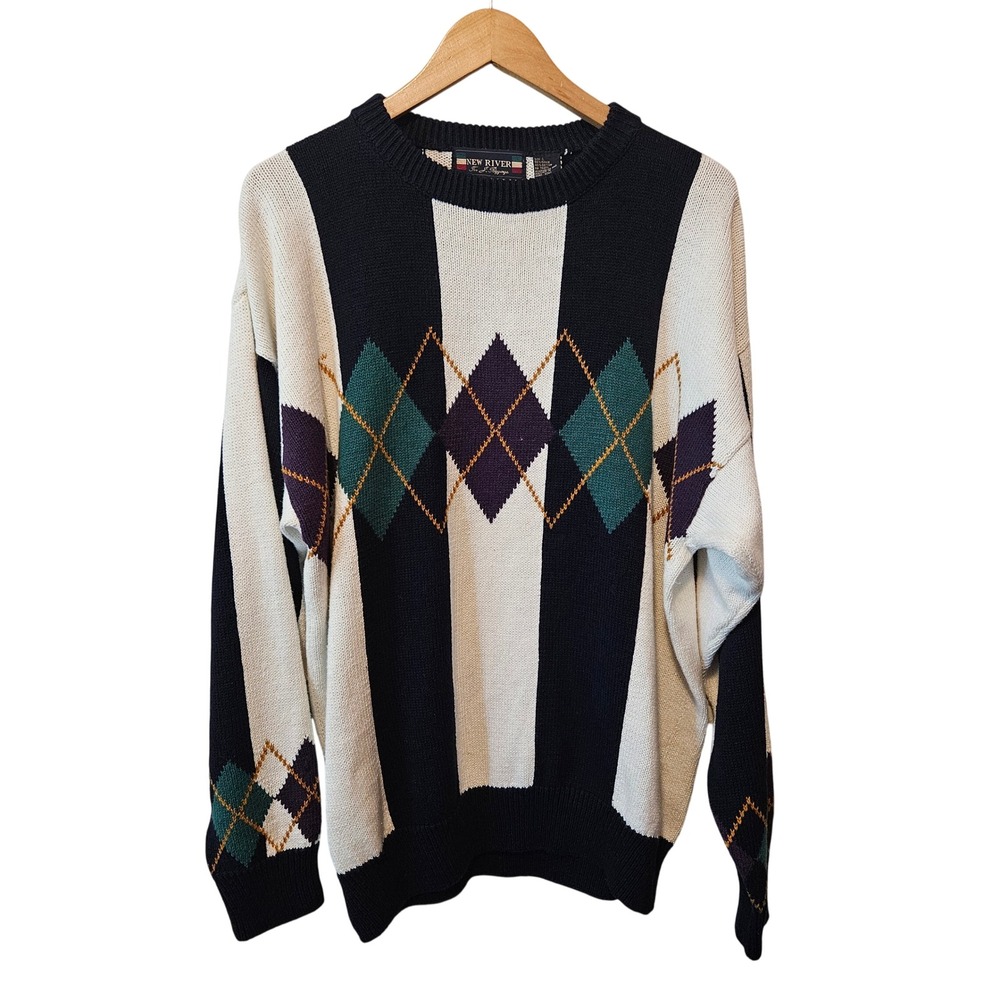 Vintage New River for J. Riggings Argyle Striped Sweater Mens Large Navy White